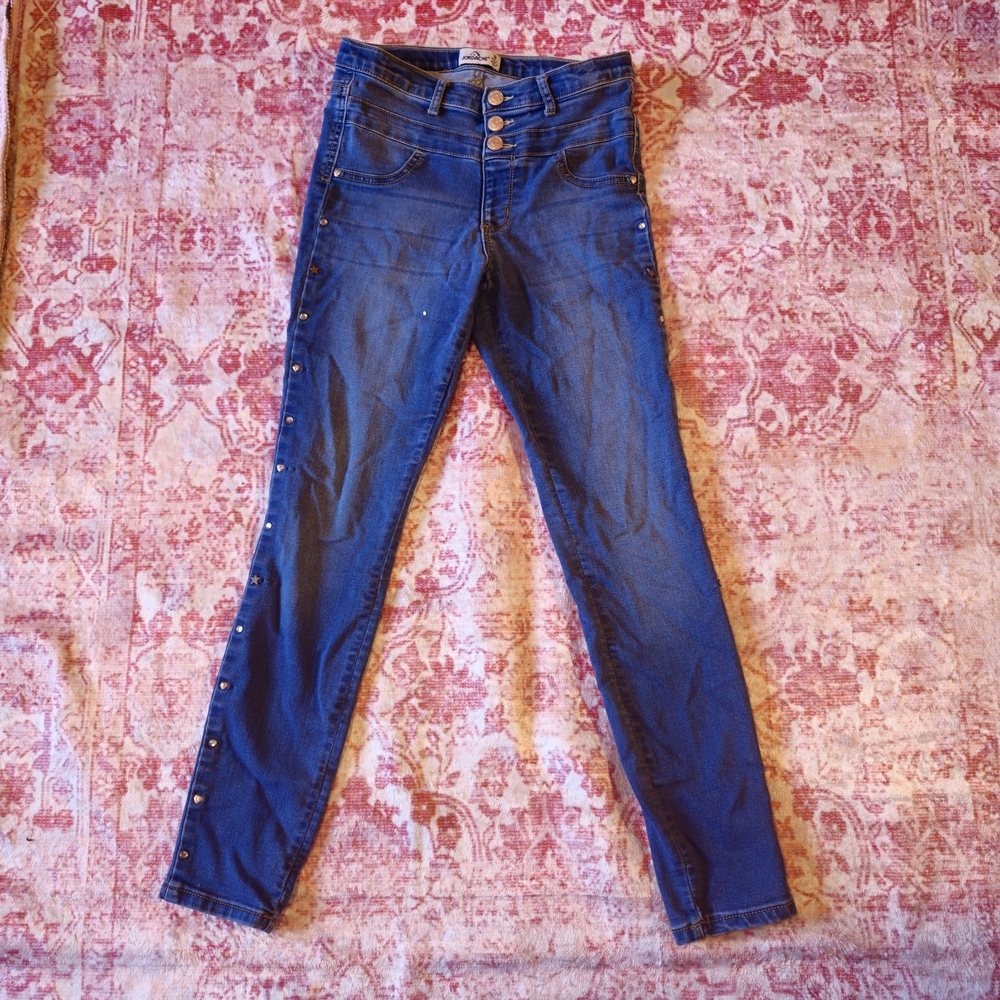 Retro Vintage Jordache Blue Skinny Jeans with Button Details